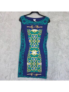 Cache Dress Womens L Blue Baroque Geometric Sleeveless Bodycon Knee Length